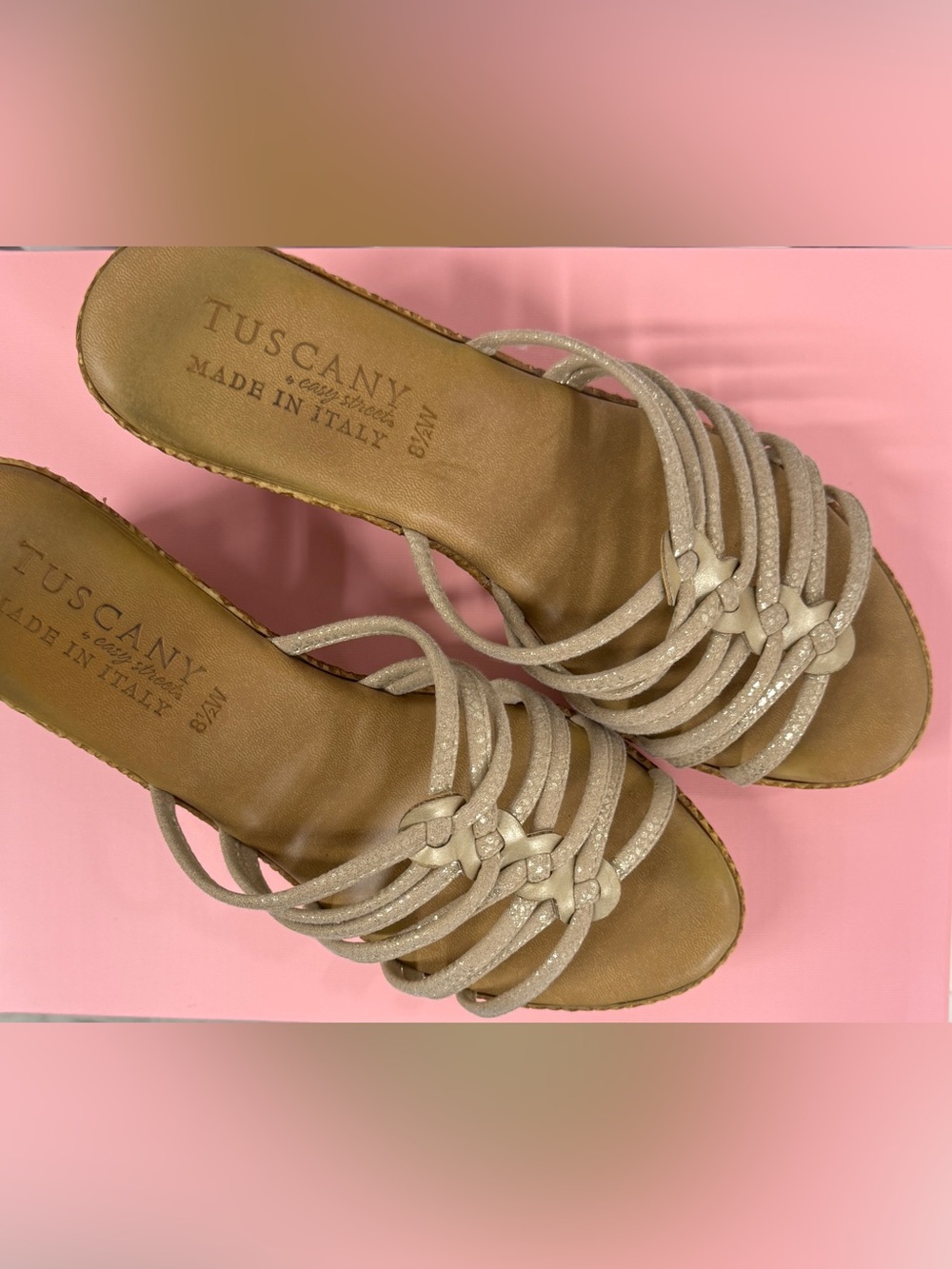Tuscany Italian-Made Metallic Taupe Espadrille Wedge Sandals 8.5 Wide